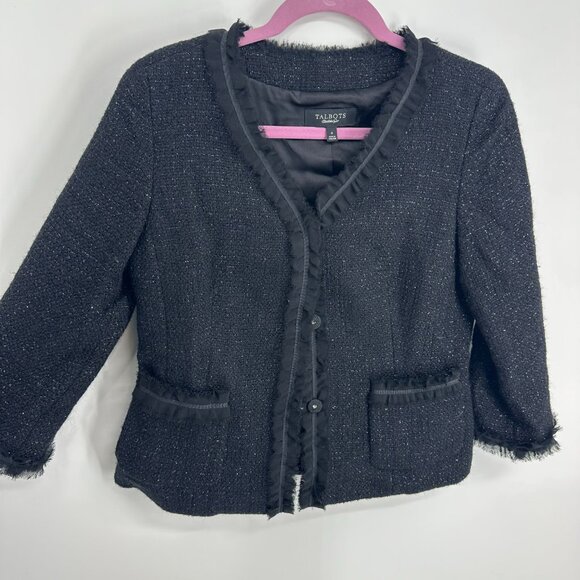 Talbots Metallic Tweed Blazer Jacket 4 Black Silver Shimmer Wool Blend Fringe - Picture 4 of 7